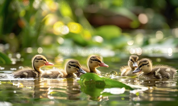 Ducklings swimming in a pond, close up view AI generated