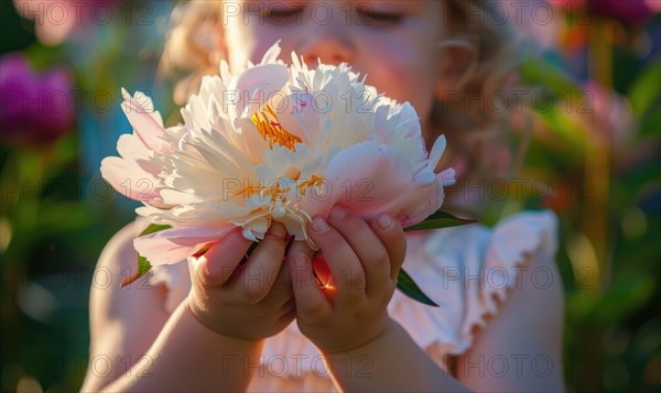 Close-up of a peony flower being held by a child in a garden AI generated