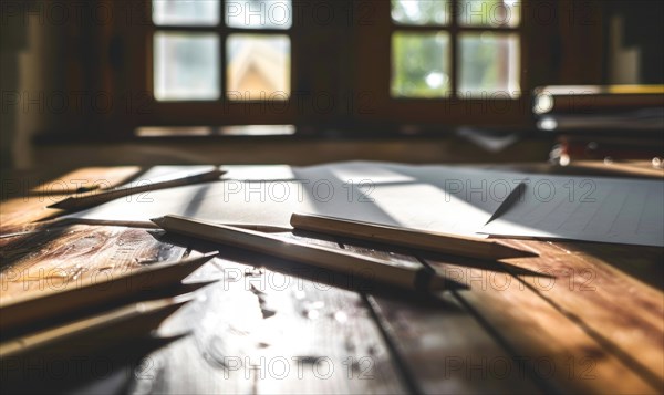 Graphite pencils and white paper illuminated by natural through a window AI generated