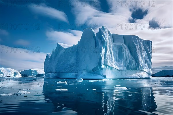 Antarctic ice shelf stretching to the horizon juxtaposed by towering icebergs, AI generated