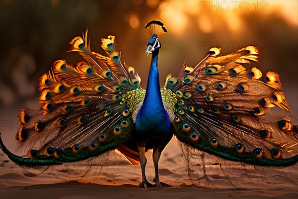 Peacock with the full display of magnificent plumage usp in each feather in the Thar desert, AI generated