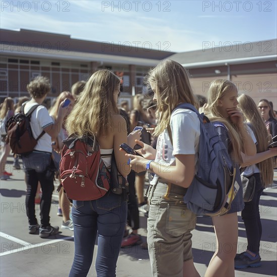Many students talk on their cell phones in the schoolyard, photoquality Job ID: 198ef99a-e136-4597-8af0-a2d6e73c7915, KI generiert, AI generated