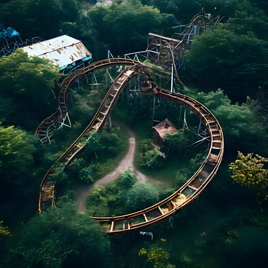 Aerial view of a bandoned amusement park overgrown with vegetation and rusting roller coasters, AI generated