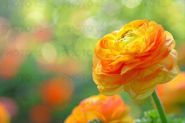 Orange Ranunculus flower on blurry background with copy space. KI generiert, generiert, AI generated