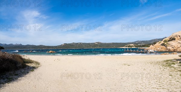 Rock formations, jetty leading into the sea, panoramic shot, Capriccioli beach, Costa Smeralda, Sardinia, Italy, Europe