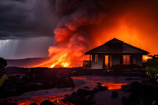 Single home standing resolute as an unstoppable lava flow looms close moments before engulfment, AI generated