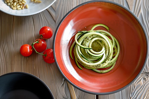 Fresh zucchini noodles with pesto on a red plate garnished with pine nuts and tomatoes, AI generated