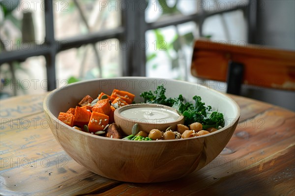 Wooden bowl filled with a healthy salad of sweet potatoes, chickpeas, and greens, AI generated