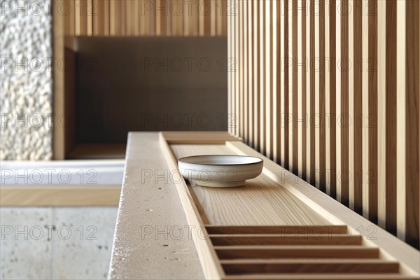 A minimalist interior with clean lines, natural lighting, and a single bowl on a wooden surface, AI generated