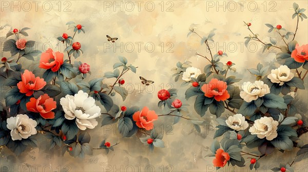 Serene art of red and white flowers with painted leaves and berries in soft tones, ai generated, AI generated