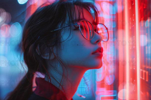 Tech-savvy woman with glasses reflecting blue and red neon lights in a nocturnal setting, AI generated