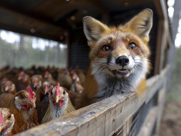Fox sticks his head into a chicken coop with lots of chickens in the background, AI generated, AI generated
