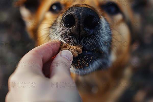 Close up of human giving dog treat to dog. KI generiert, generiert, AI generated