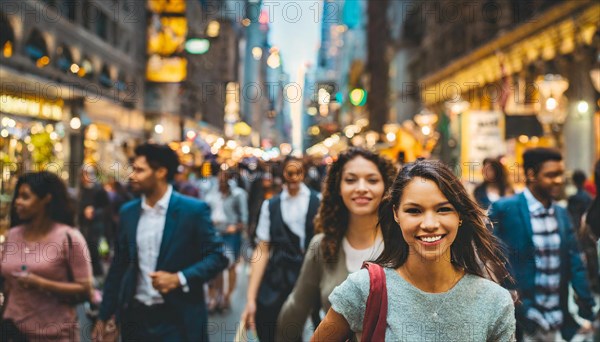 Smiling people walking in a crowd on a city street during the daytime, rush hour commuting time, sunset, blurry cityscape, bokeh effect, AI generated