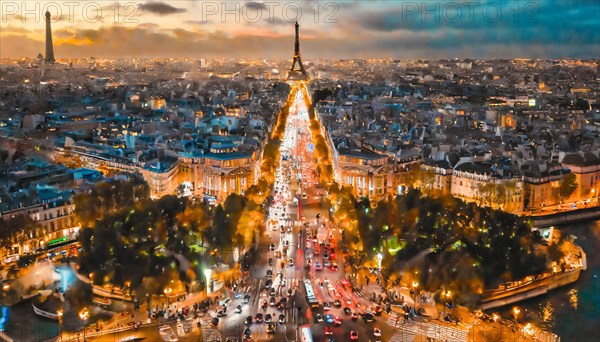 Twilight cityscape of Paris with the illuminated Eiffel Tower and lively streets, rush hour commuting time, sunset, blurry cityscape, bokeh effect, AI generated