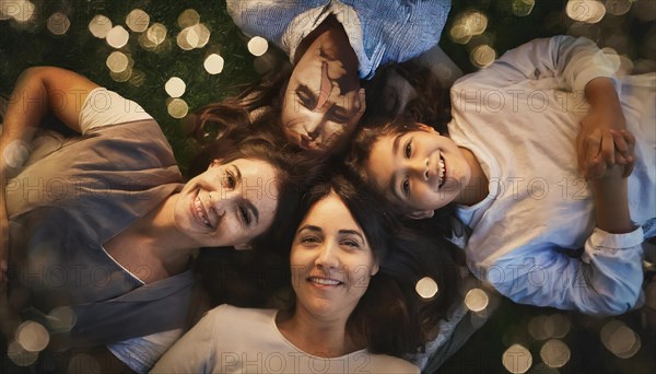 Overhead view of friends lying down together, bonding with happy expressions and bokeh effect, AI generated