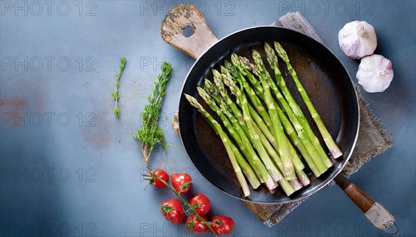 Rustic presentation of green asparagus surrounded by fresh tomatoes and garlic, green asparagus, asparagus spears, AI generated, AI generated