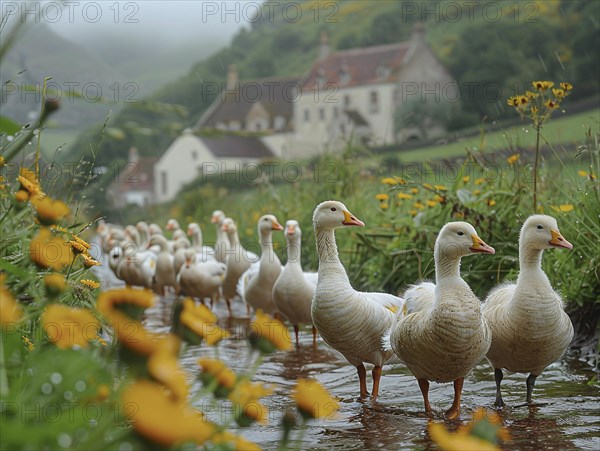 A row of geese in a flowering field with a foggy village in the background, AI generated, AI generated, AI generated