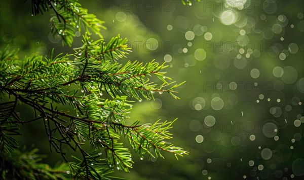 Closeup view on cedar branch in rain drops, bokeh background AI generated