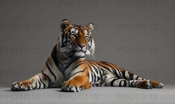 A Bengal tiger elegantly posing in front of a neutral backdrop AI generated