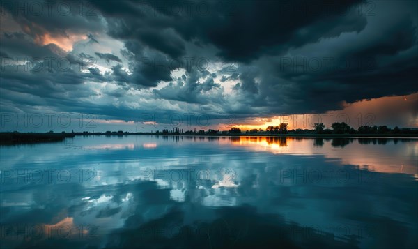 A dramatic stormy sky looming over the horizon, with dark clouds and flashes of lightning reflected in the waters of a lake AI generated