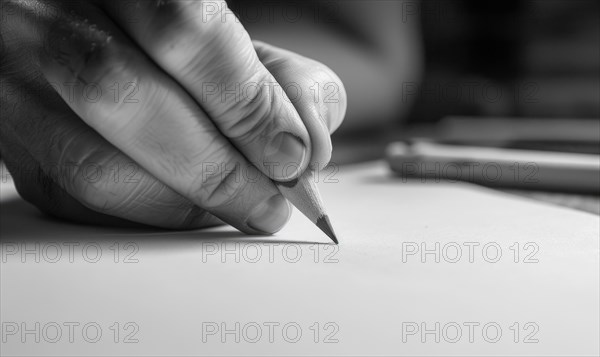 A hand holding a graphite pencil poised over a blank sheet of white paper AI generated