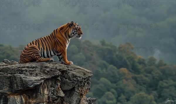 A Malayan tiger perched on a rocky ledge AI generated