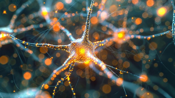 Digital render of a glowing neuron with complex synapse connections in orange tones, ai generated, AI generated