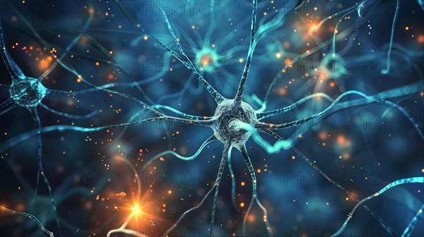 Blue neural network with interconnected neurons and synapses, ai generated, AI generated