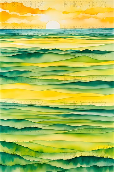 AI generated abstract painting of grasslands under a blazing sunset waves of greens