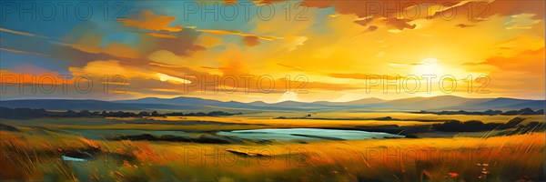AI generated abstract painting of grasslands under a blazing sunset waves of greens