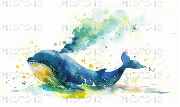 A watercolor illustration of a playful whale spraying water from its blowhole AI generated