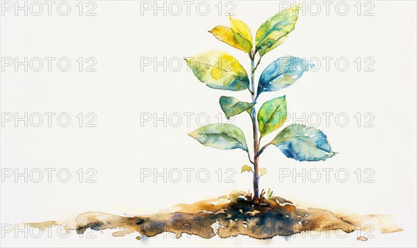 Tree sprout with coins growing from its buds, watercolor illustration on white background AI generated