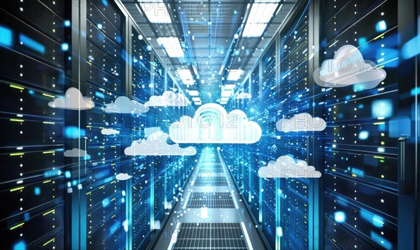 Cloud computing background with server racks and digital data streams AI generated