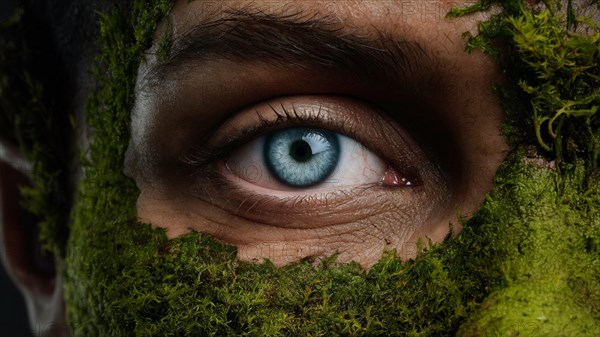 Mysterious macro close-up of a blue eye partially hidden by green moss, focusing on detailed textures, earth day concept, AI generated