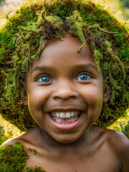 Cheerful child with natural hair adorned with moss and glowing blue eyes, earth day concept, AI generated
