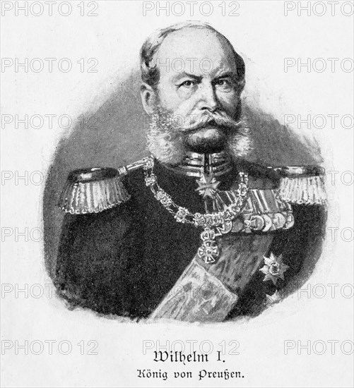 Wilhelm I, Wilhelm Friedrich Ludwig of Prussia, King of Prussia, first German Emperor, portrait of a man in military uniform with beard and many medals and decorations, expressive facial expression, black and white print with visible halftone dots, historical illustration from 'Zur Erinnerung an die Koeniglich Hannoversche Armee und ihre Stammtruppen', commemorative sheet for the celebration of 19 December 1903, Meisenbach, Riffarth & Co, Germany, Europe