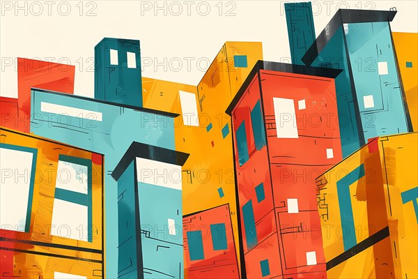 Vibrant abstract geometric cityscape with colorful stylized buildings conveying an energetic urban atmosphere, illustration, AI generated