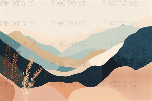 Abstract nature scene with stylized hills in warm and cool gradient hues, illustration, AI generated