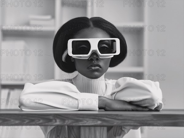 A child rests their chin on hands, donning oversized futurist goggles in a black and white setting, AI generated