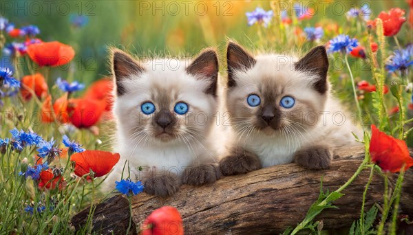 KI generated, animal, animals, mammal, mammals, cat, felidae (Felis catus), two kittens resting on a tree trunk in a meadow with flowers