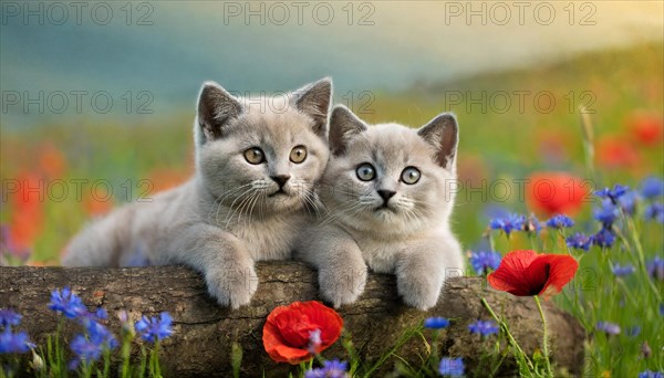 KI generated, animal, animals, mammal, mammals, cat, felidae (Felis catus), two kittens resting on a tree trunk, flower meadow, spring, summer