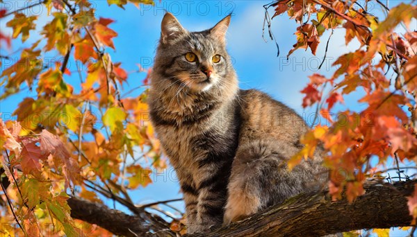 AI generated, animal, animals, mammal, mammals, cat, felidae (Felis catus), a colourful American Forest Cat, sitting in a tree, autumn, autumn leaves