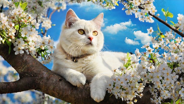 Ai generated, animal, animals, mammal, mammals, cat, cats, Maine-Coon-Cat, Main, Coon, Felis catus), a white American Forest Cat, lies in the tree