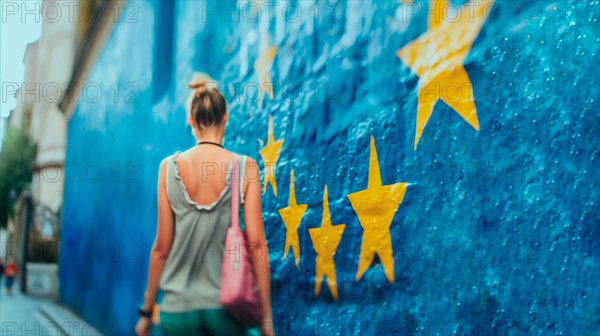 A woman walks past a wall painted with the European Union flag. AI generated
