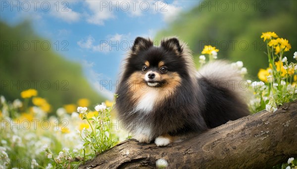 Ai generated, animal, animals, mammal, mammals, a, single animal, dwarf spitz, Spitz, (Canis lupus familiaris), dog, dogs, bitch, Pomeranians, a black-brown dwarf spitz lies on a tree in a flower meadow