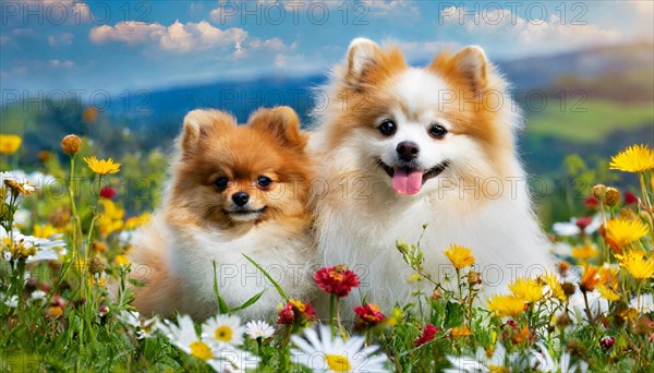 KI generated, animal, animals, mammal, mammals, a, single animal, dwarf spitz, Spitz, (Canis lupus familiaris), dog, dogs, bitch, Pomeranians, bitch with young, puppy, flower meadow, portrait, frontal