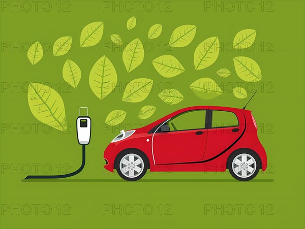 Vector art of a red electric car charging surrounded by green leaves, illustration, AI generated
