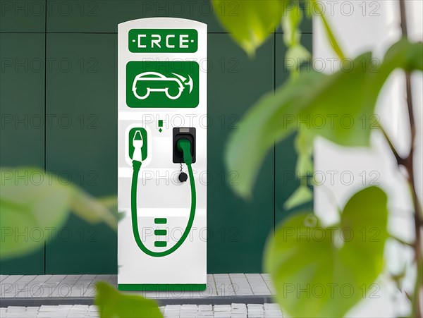 Realistic view of an electric car charger in an urban setting with plant leaves, illustration, AI generated