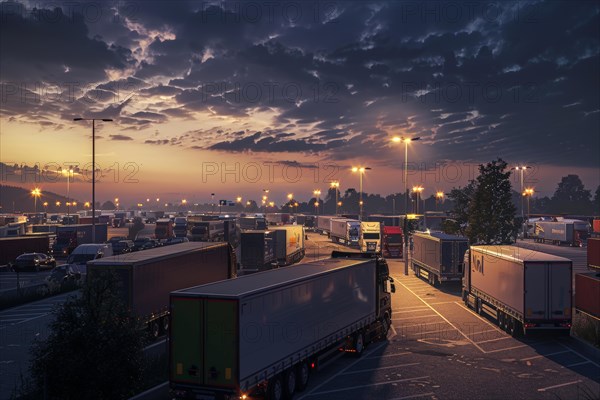 Many trucks in international long-distance traffic park at night, on weekends and over the holidays in a congested, overcrowded motorway service area, symbolic image for precarious parking situation, parking shortage for long-distance drivers, truck drivers, truckers on German motorways, AI generated, AI generated, AI generated